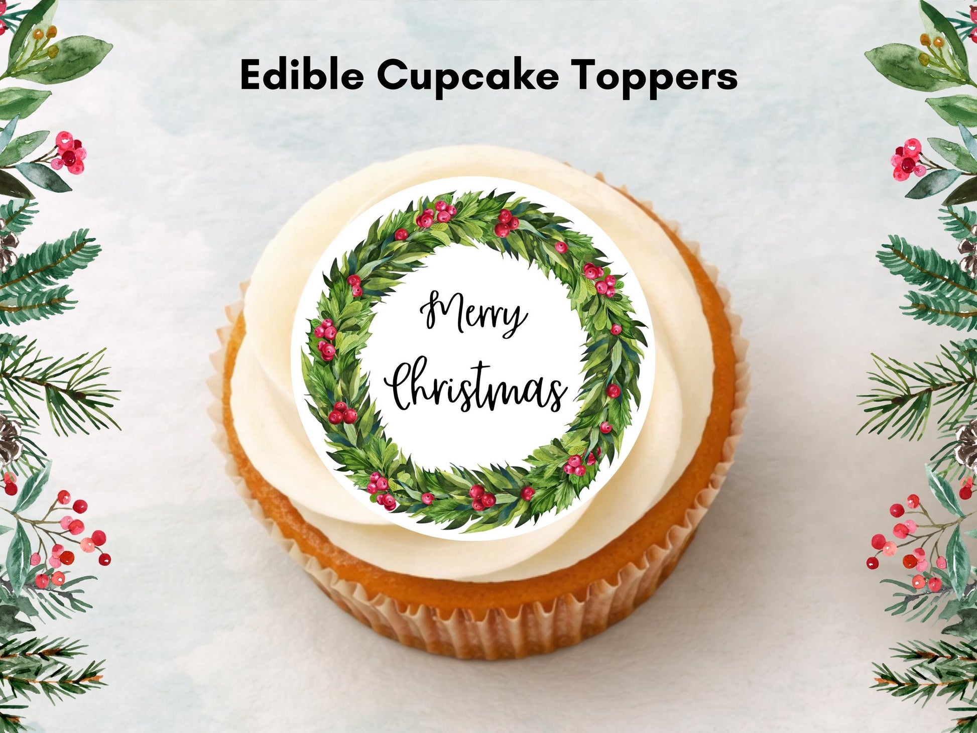 Christmas Cupcake Toppers – Merry Christmas Holly Wreath, Edible 2" (Pre-Cut)