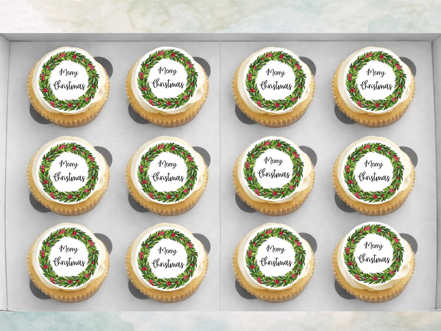 Christmas Cupcake Toppers – Merry Christmas Holly Wreath, Edible 2" (Pre-Cut)