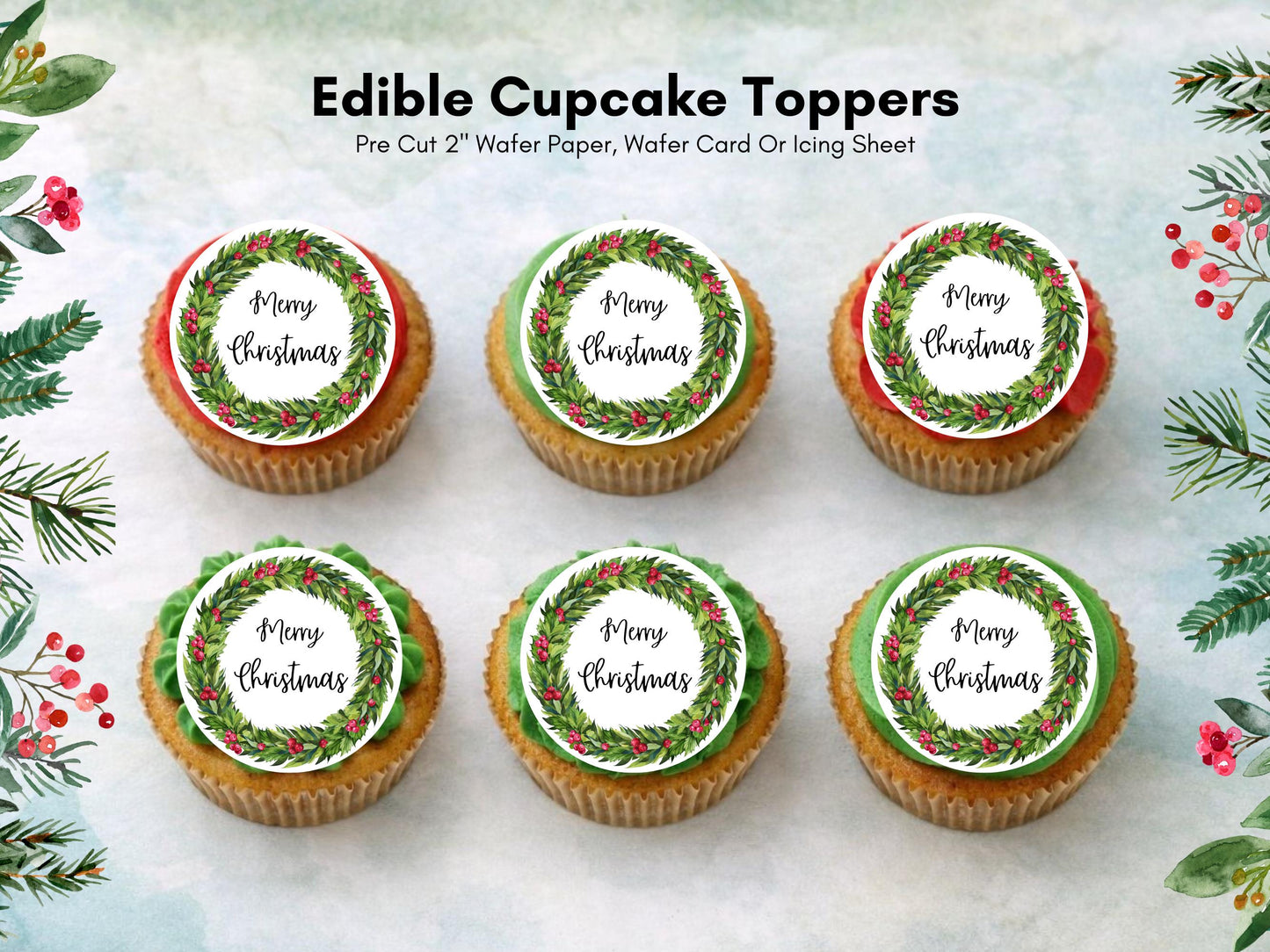Christmas Cupcake Toppers – Merry Christmas Holly Wreath, Edible 2" (Pre-Cut)