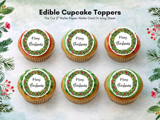 Christmas Cupcake Toppers – Merry Christmas Holly Wreath, Edible 2" (Pre-Cut)