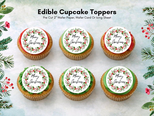 Christmas Cupcake Toppers - Holly Wreath Edible Decorations (2 inch)