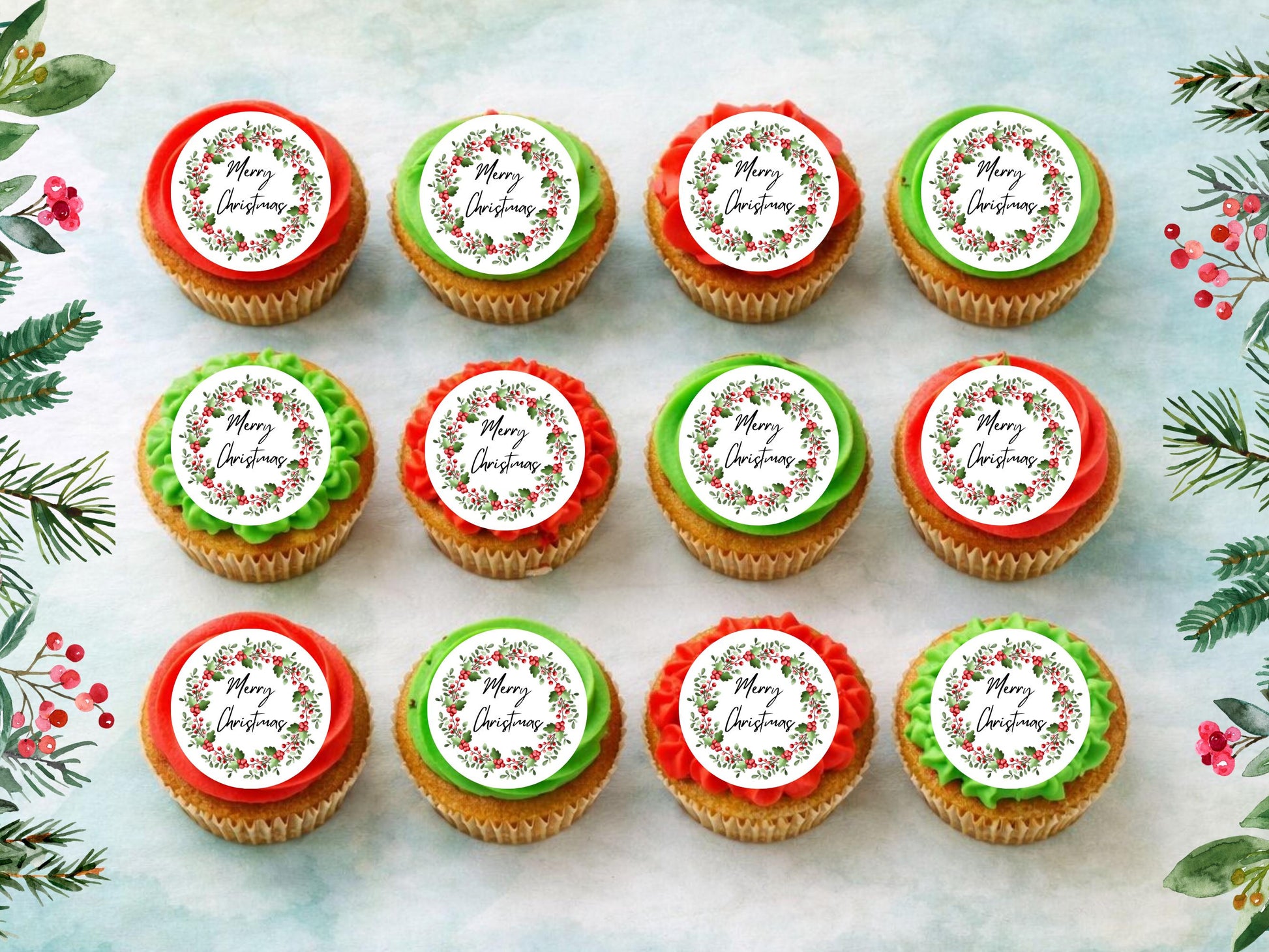 Christmas Cupcake Toppers - Holly Wreath Edible Decorations (2 inch)