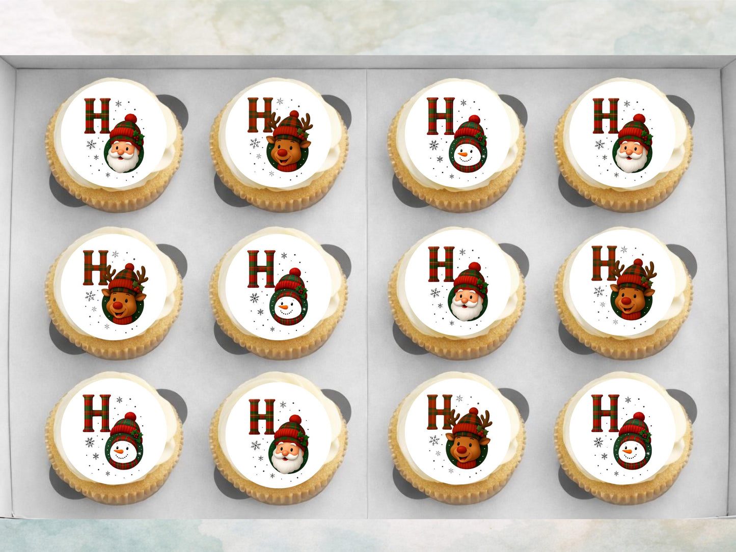 Christmas Edible Cupcake Toppers – Santa, Snowman, Reindeer (2" Pre-Cut)