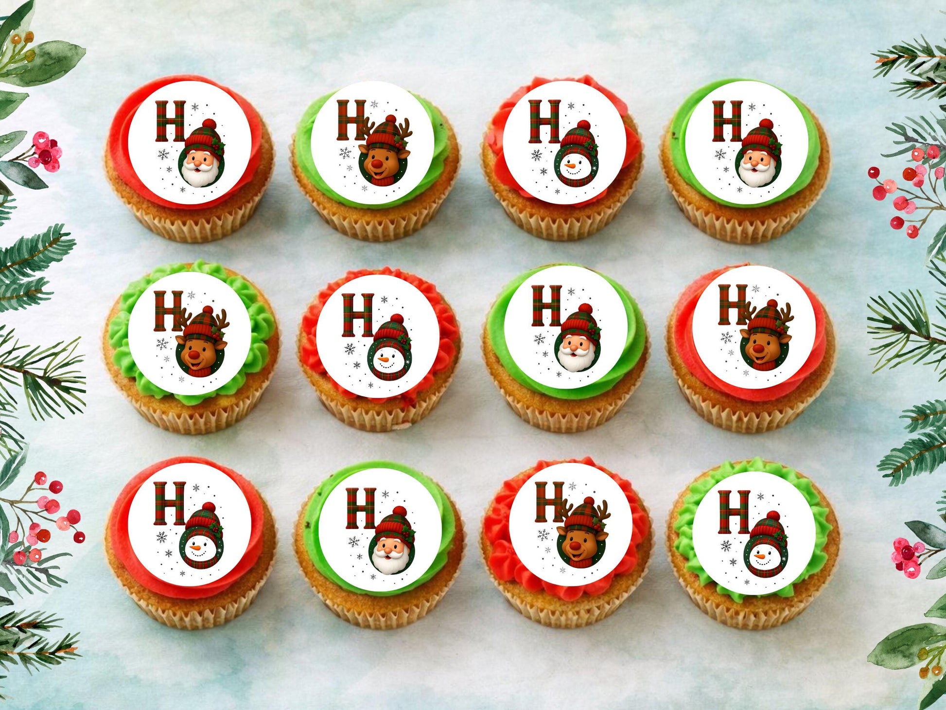 Christmas Edible Cupcake Toppers – Santa, Snowman, Reindeer (2" Pre-Cut)