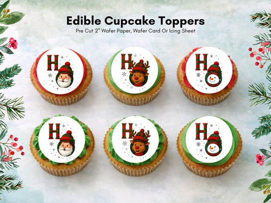 Christmas Edible Cupcake Toppers – Santa, Snowman, Reindeer (2" Pre-Cut)