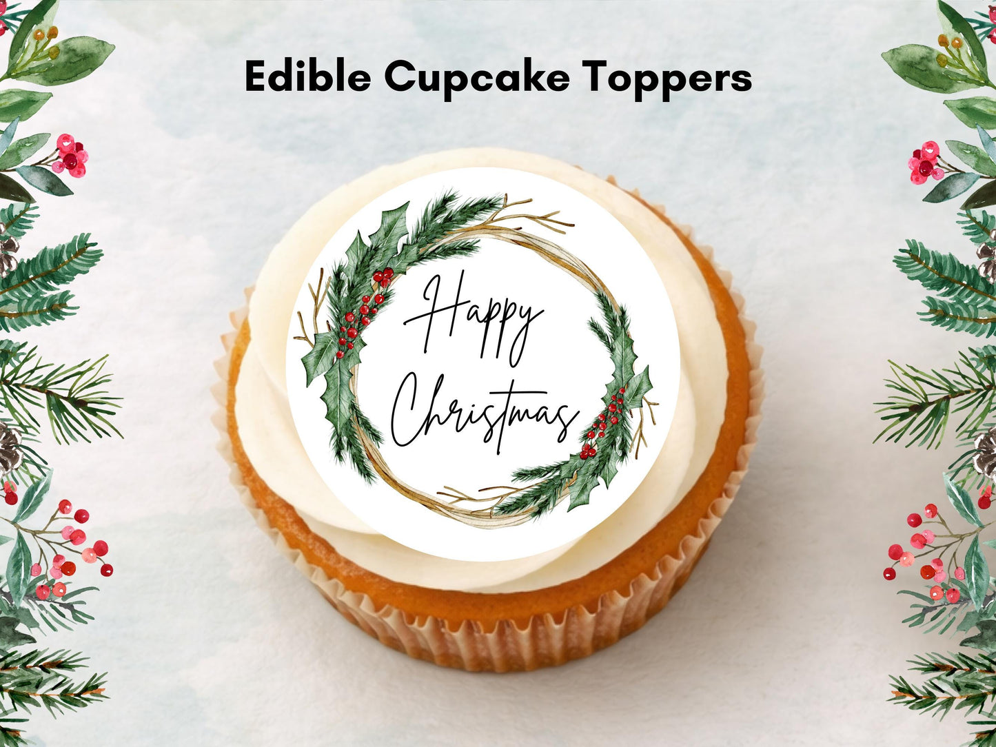 Christmas Wreath Edible Cupcake Toppers – Pre-Cut Wafer Paper