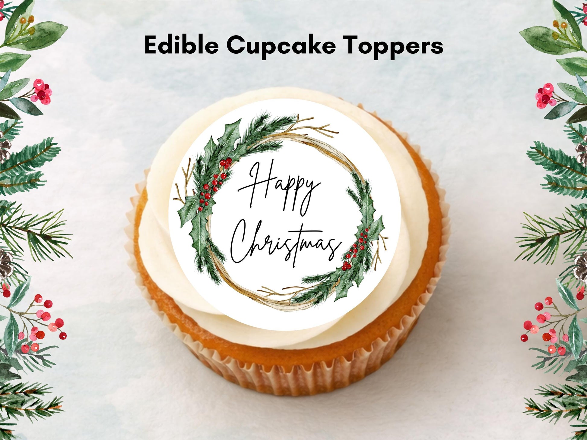 Christmas Wreath Edible Cupcake Toppers – Pre-Cut Wafer Paper