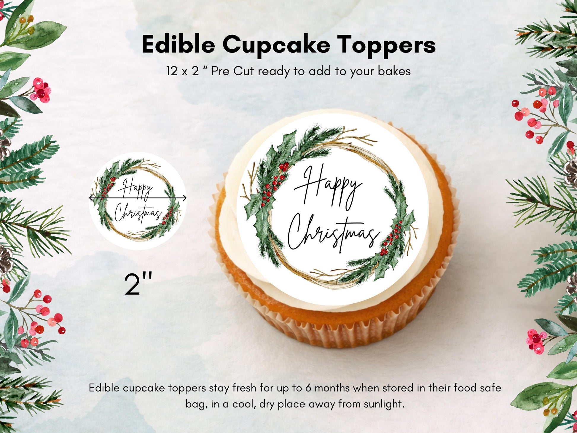 Christmas Wreath Edible Cupcake Toppers – Pre-Cut Wafer Paper