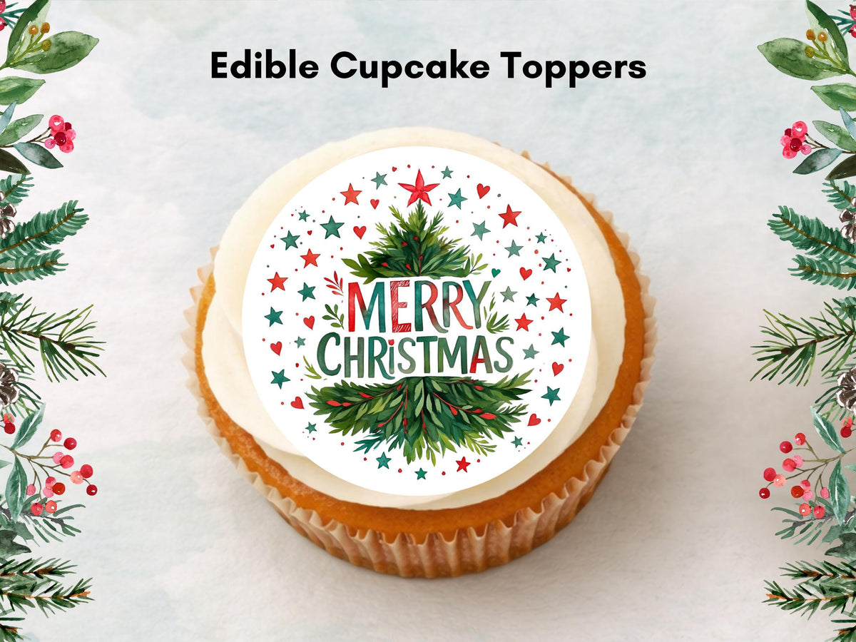 Merry Christmas Cupcake Toppers: Edible Wafer Paper, Card, or Icing (12 x 2")