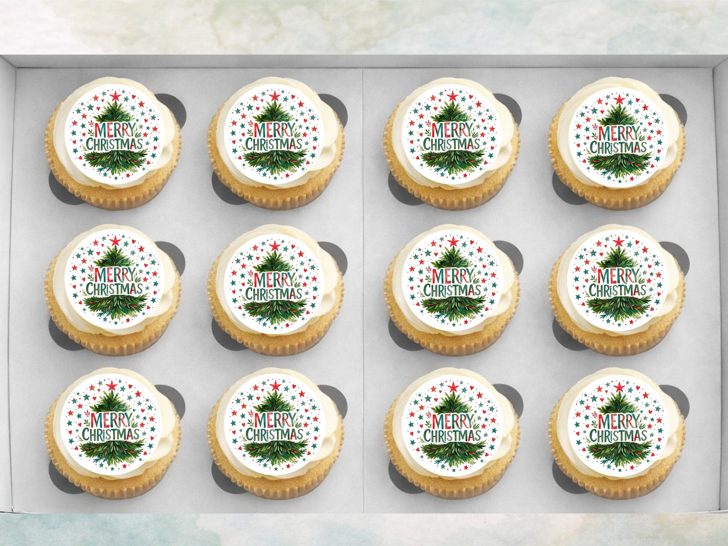 Merry Christmas Cupcake Toppers: Edible Wafer Paper, Card, or Icing (12 x 2")