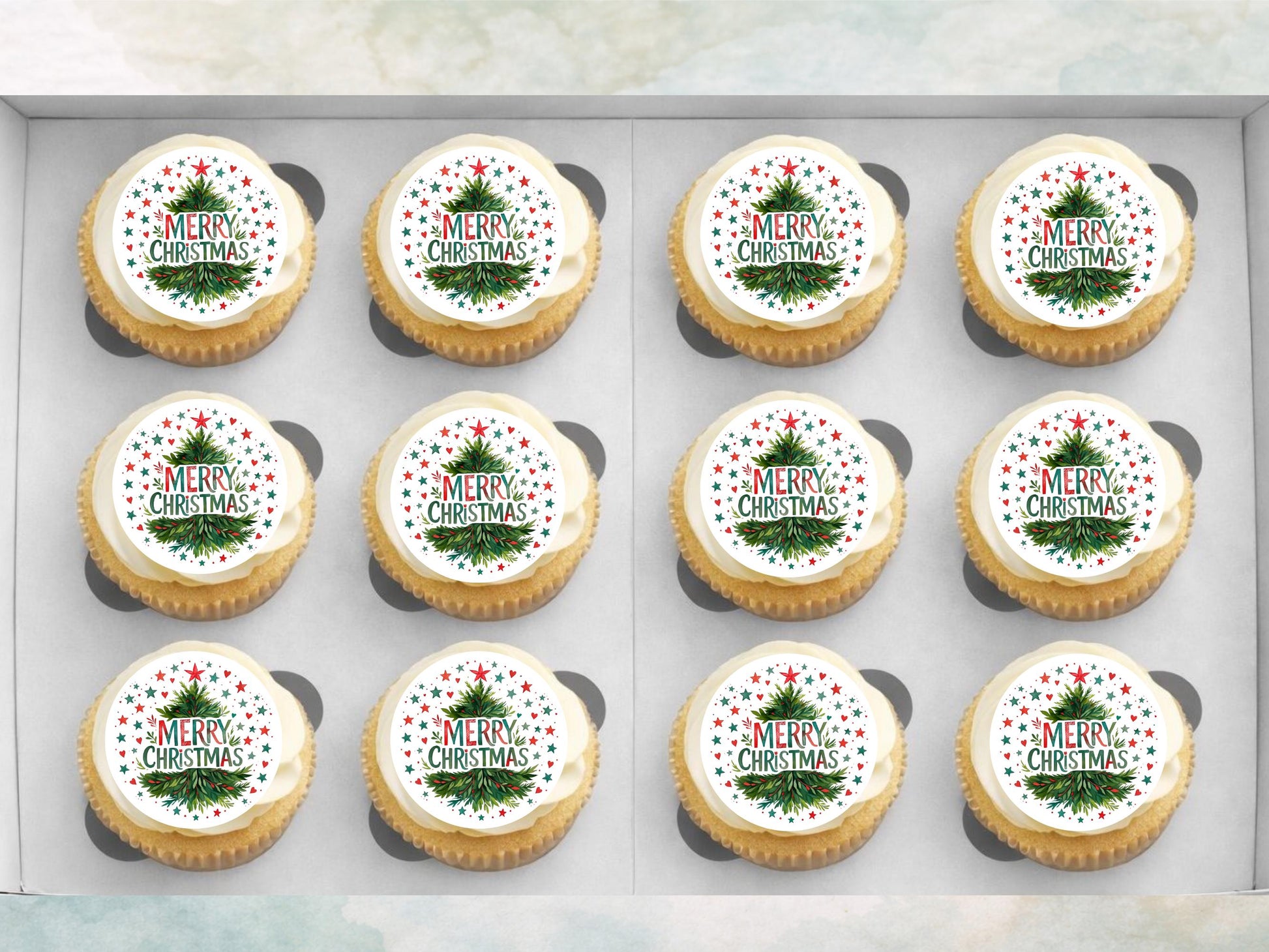 Merry Christmas Cupcake Toppers: Edible Wafer Paper, Card, or Icing (12 x 2")
