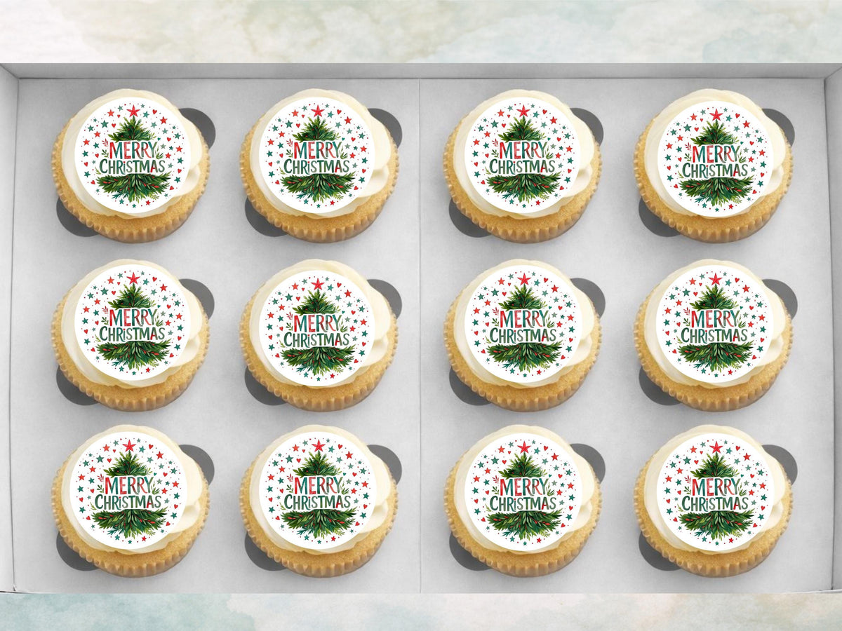 Merry Christmas Cupcake Toppers: Edible Wafer Paper, Card, or Icing (12 x 2")
