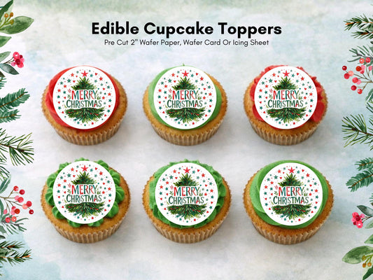Merry Christmas Cupcake Toppers: Edible Wafer Paper, Card, or Icing (12 x 2")