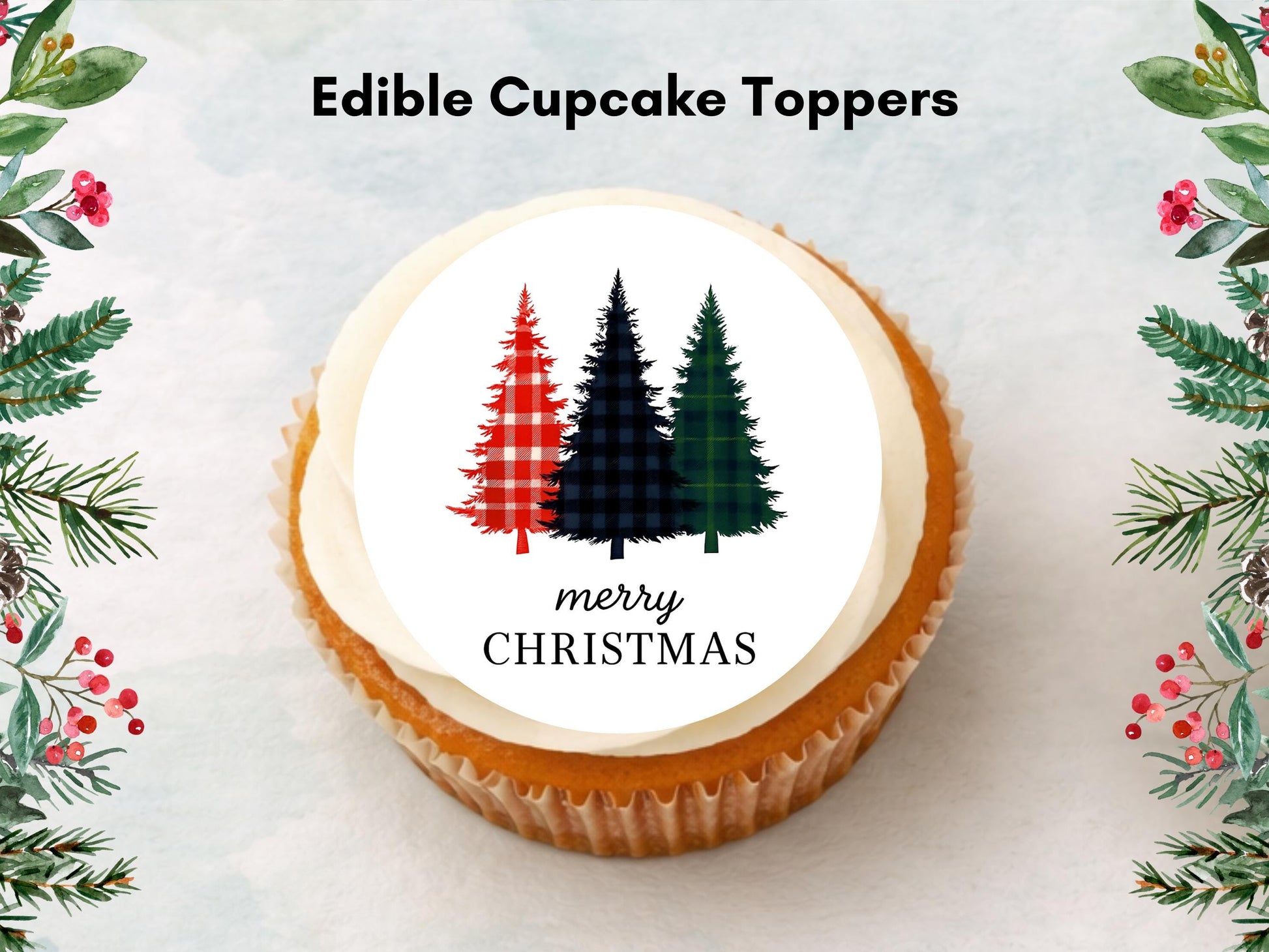 Merry Christmas Edible Cupcake Toppers: 12 x 2" Wafer Paper, Card, or Icing Sheet