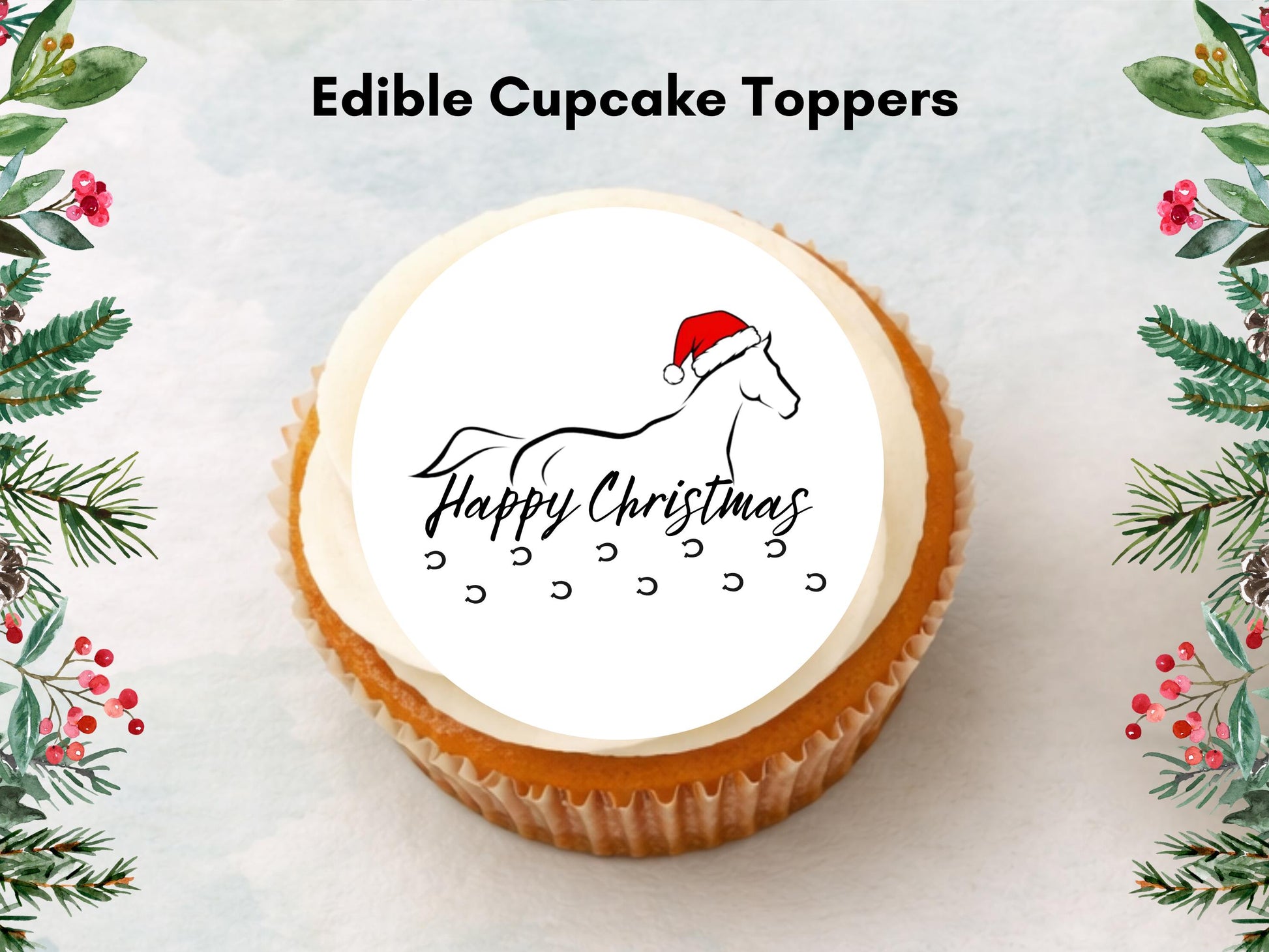 Horse Christmas Edible Cupcake Toppers, 2" Wafer Paper, Card, Icing Sheet