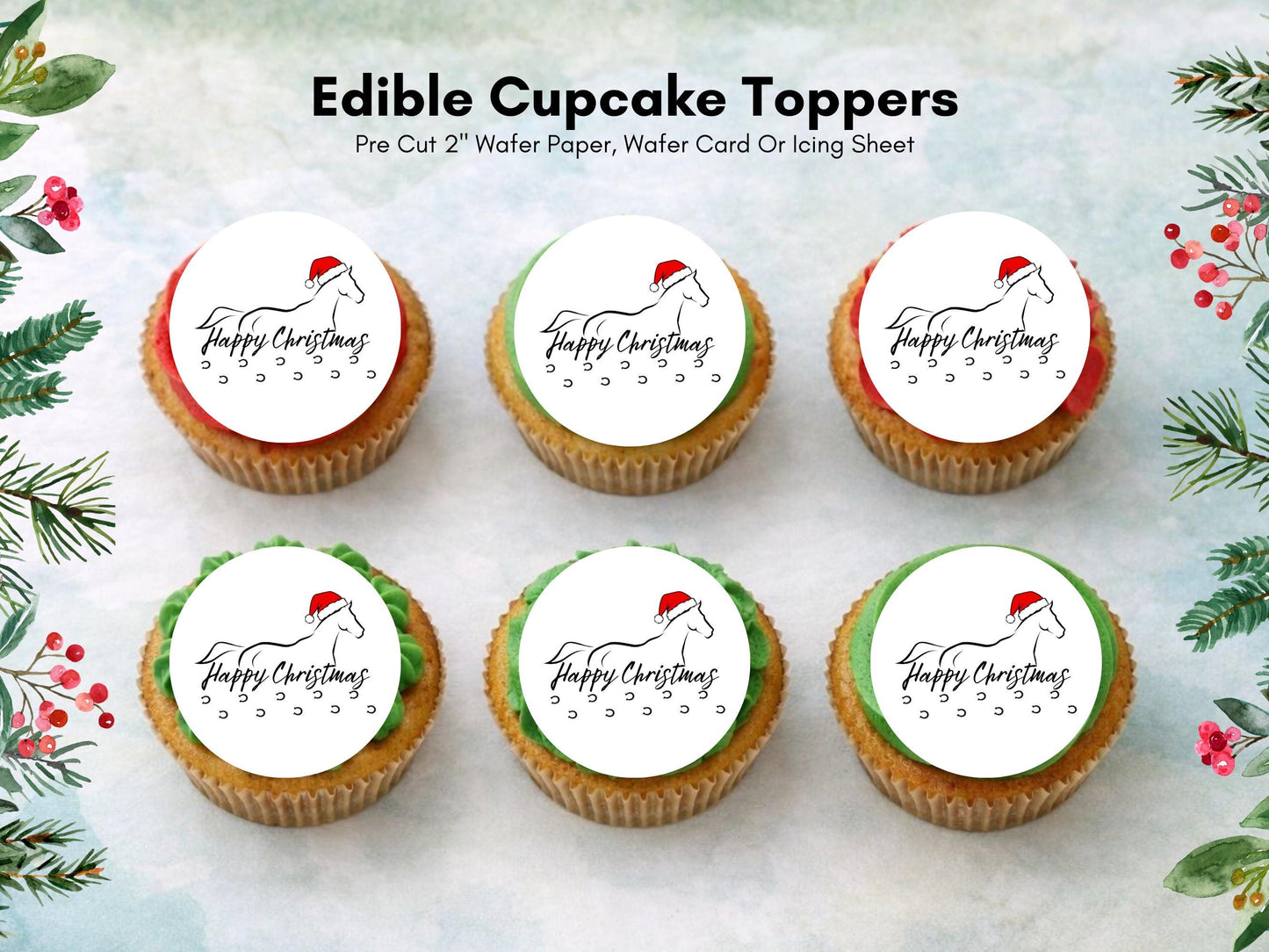 Horse Christmas Edible Cupcake Toppers, 2" Wafer Paper, Card, Icing Sheet