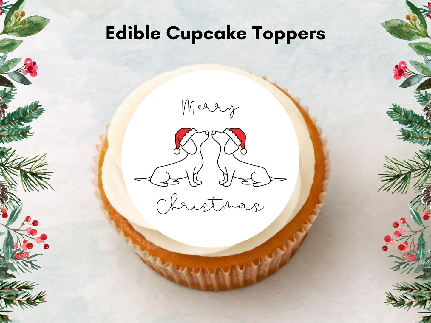 Sausage Dog Merry Christmas Edible Cupcake Toppers (2" Wafer)