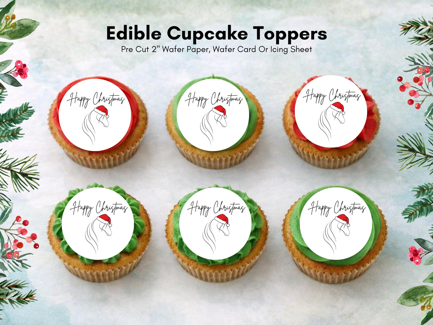 Christmas Horse Edible Cupcake Toppers, 12 x 2" (Wafer Paper, Card, or Icing Sheet)
