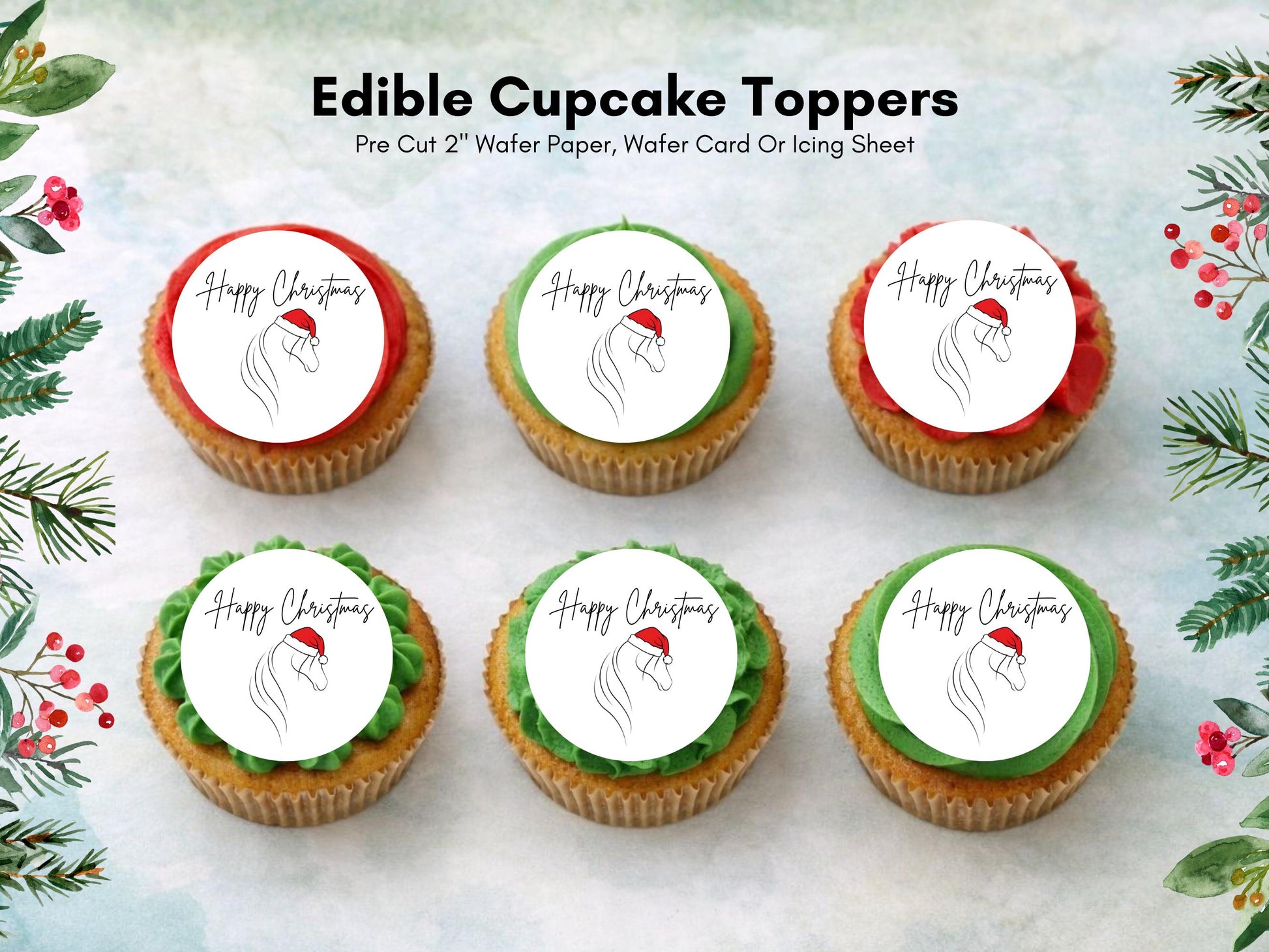Christmas Horse Edible Cupcake Toppers, 12 x 2" (Wafer Paper, Card, or Icing Sheet)
