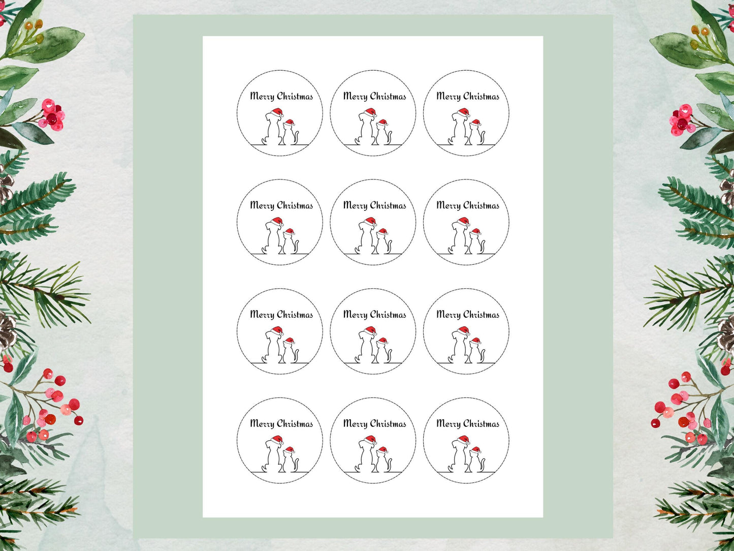 Dog and Cat Merry Christmas Edible Cupcake Toppers (2 inch)