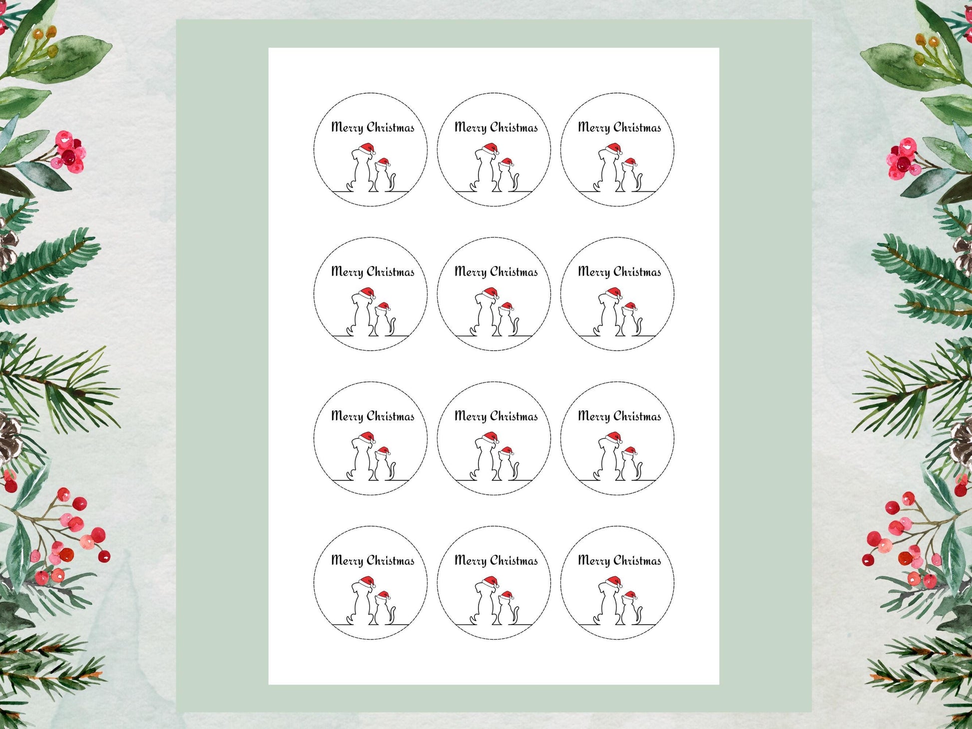 Dog and Cat Merry Christmas Edible Cupcake Toppers (2 inch)