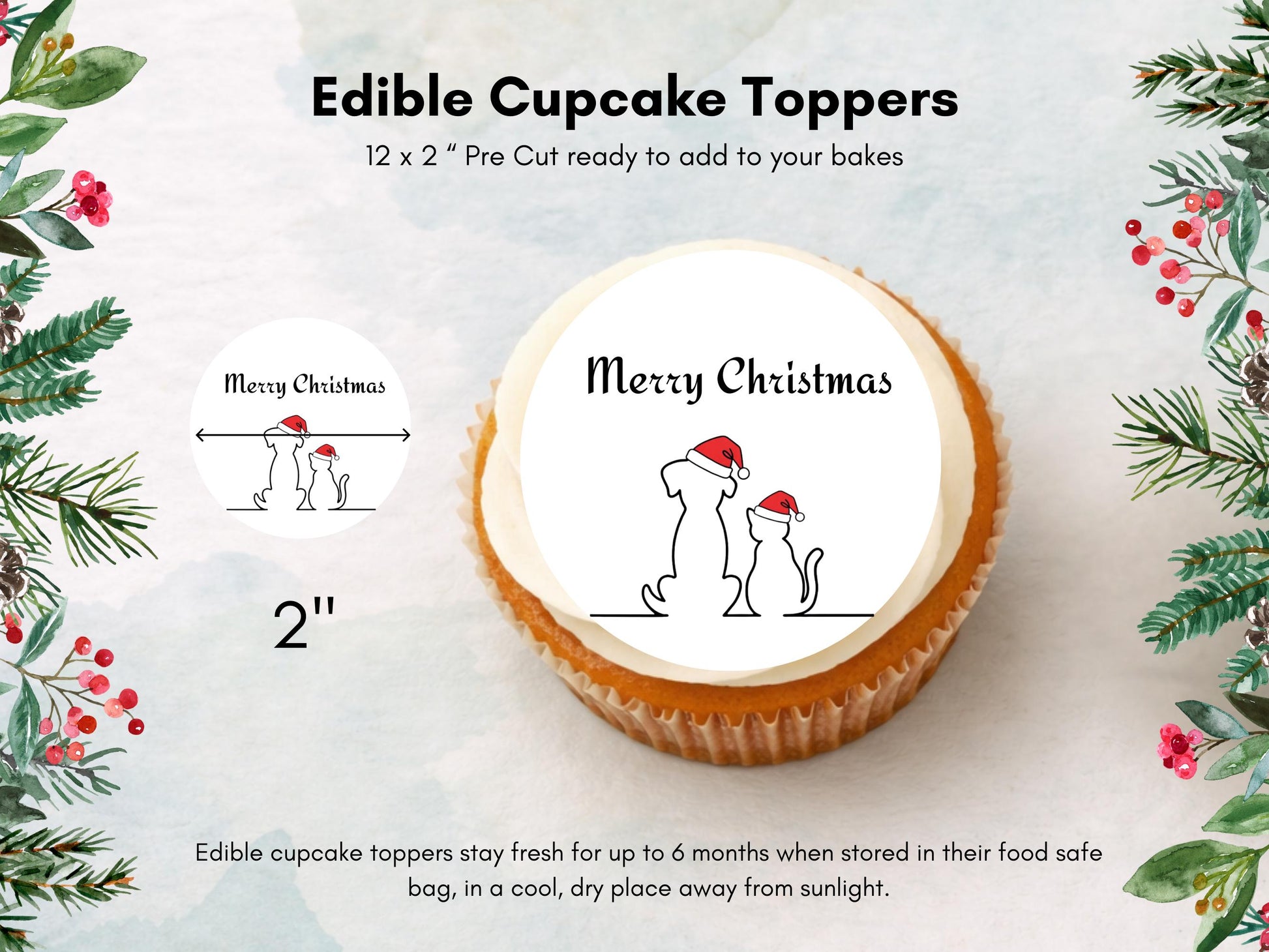Dog and Cat Merry Christmas Edible Cupcake Toppers (2 inch)