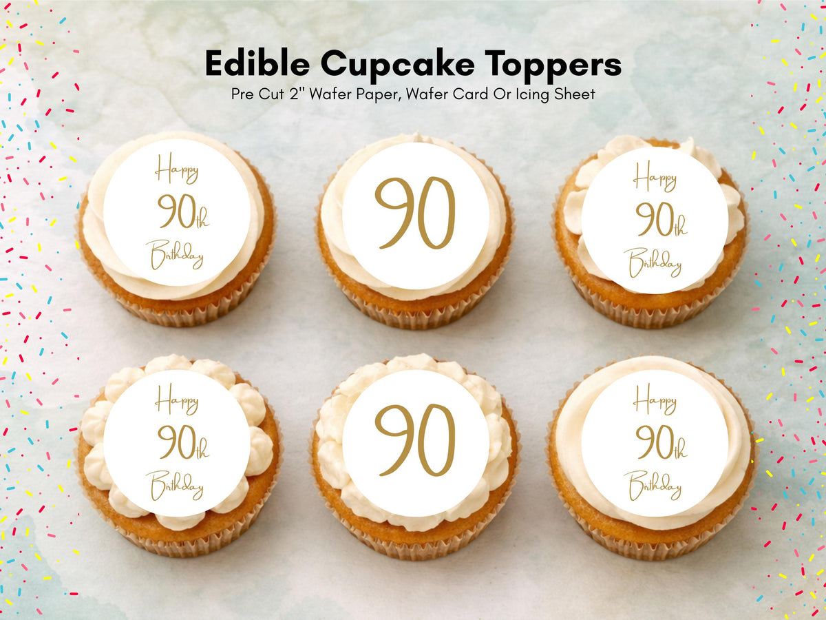 90th Birthday Edible Cupcake Toppers – Precut 12 x 2 inch (Wafer Paper, Card or Icing Sheet)