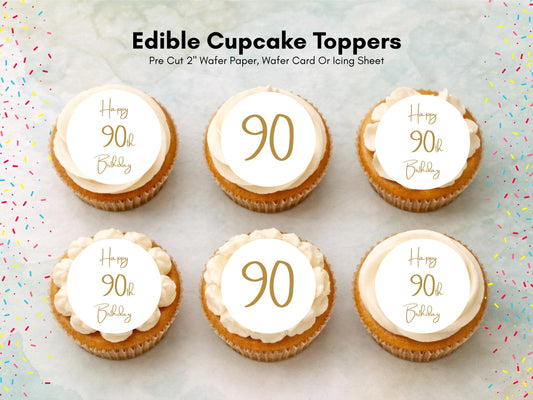 90th Birthday Edible Cupcake Toppers – Precut 12 x 2 inch (Wafer Paper, Card or Icing Sheet)