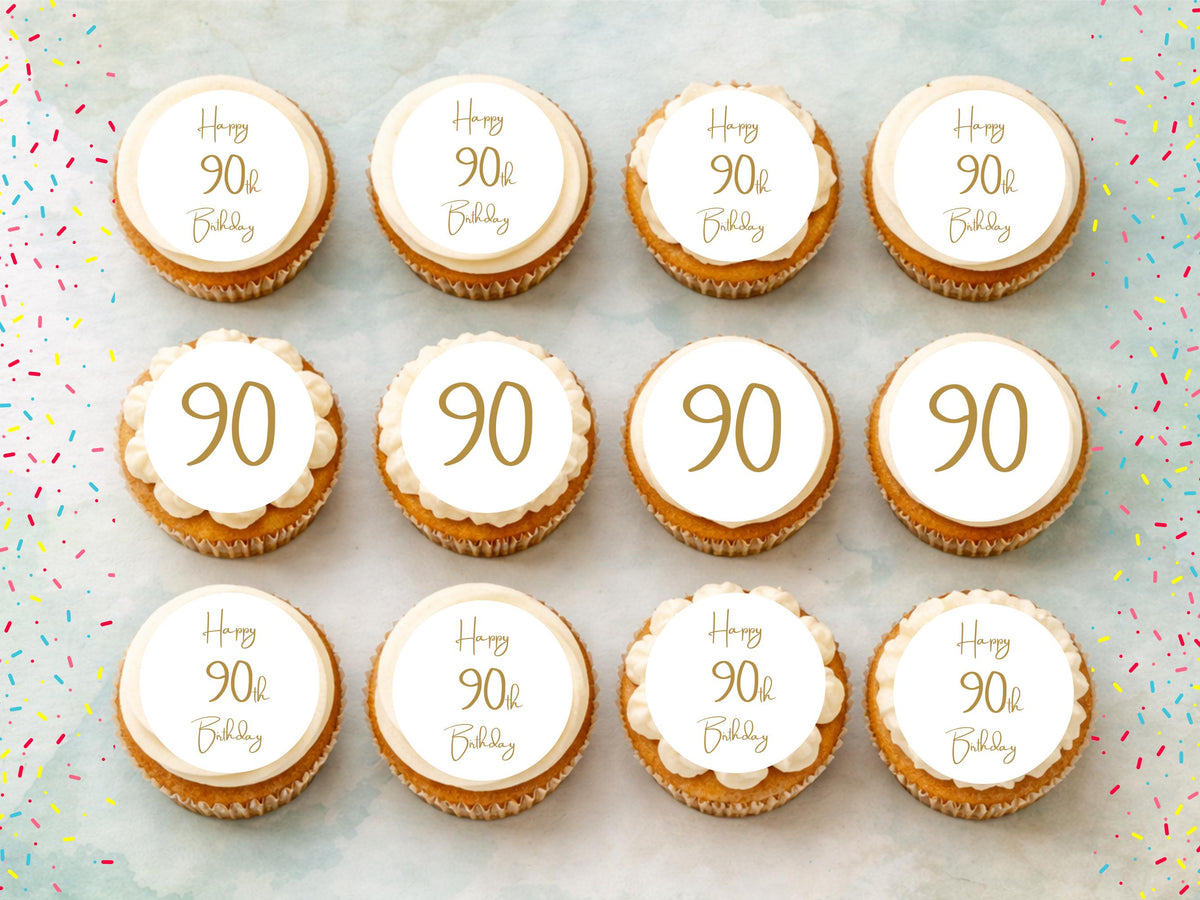 90th Birthday Edible Cupcake Toppers – Precut 12 x 2 inch (Wafer Paper, Card or Icing Sheet)