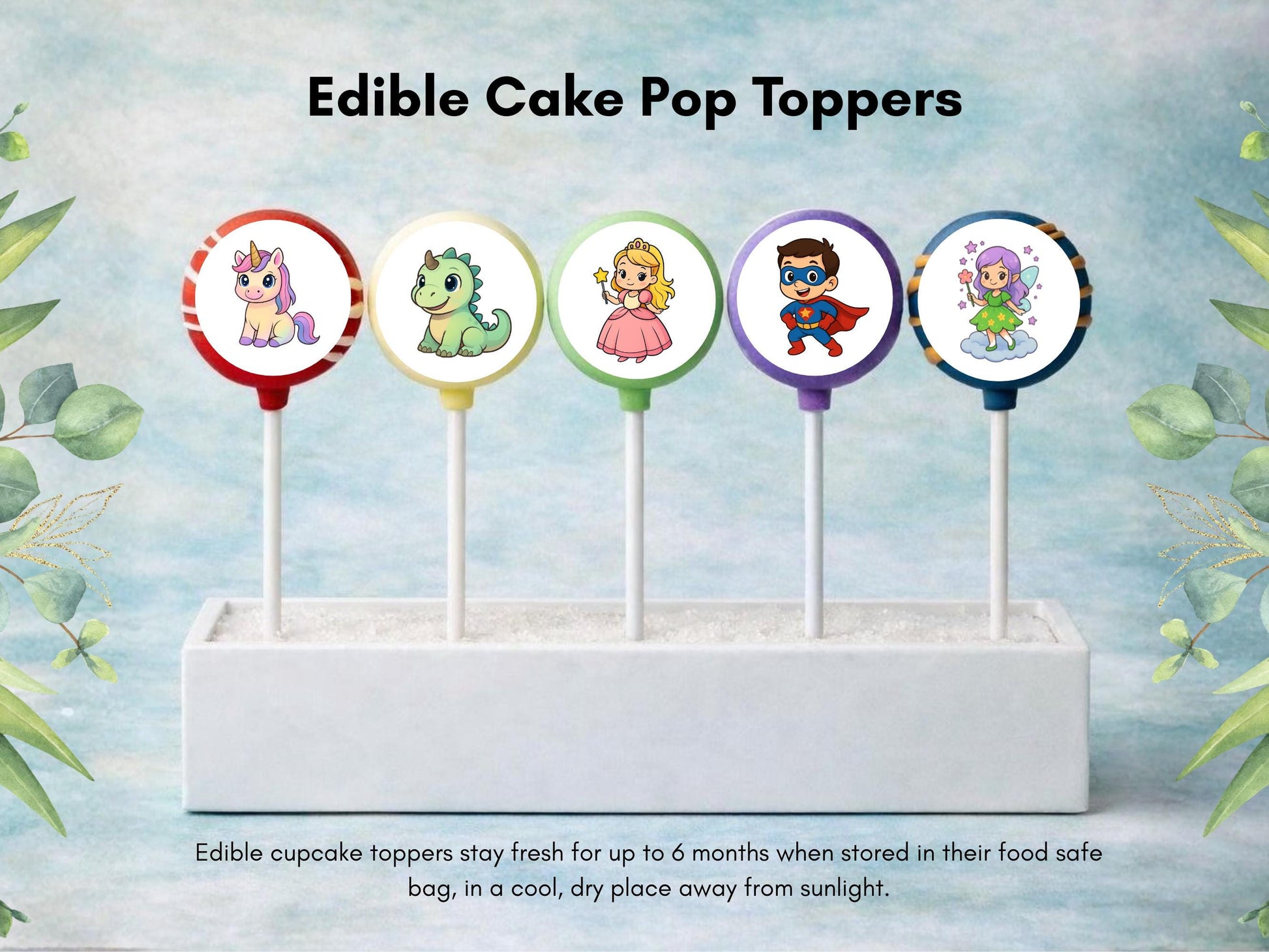 Unicorn Dinosaur Princess Superhero Edible Cake Pop Toppers, 20 x 1.5" Wafer Paper