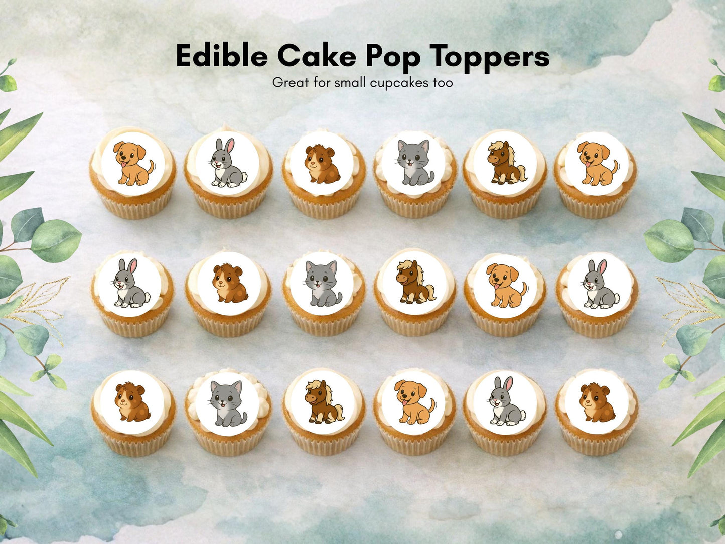 Pet Animal Edible Cake Pop Toppers: 20 x 1.5" Wafer Paper or Wafer Card