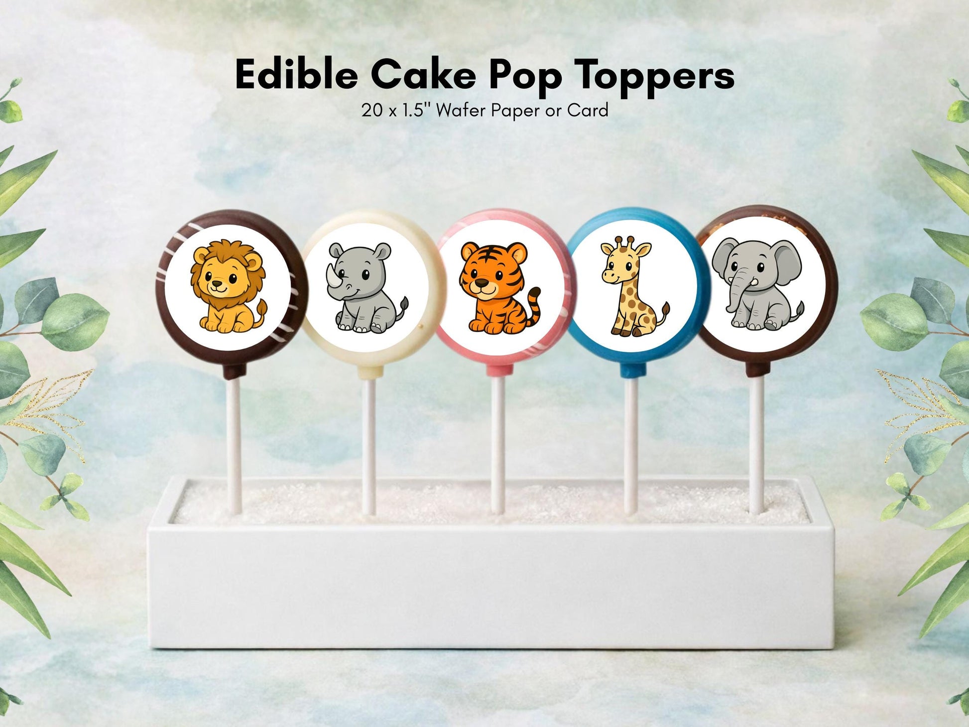 Zoo Animal Edible Cake Pop Toppers: 20 x 1.5" Wafer Paper or Wafer Card