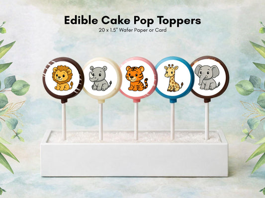 Zoo Animal Edible Cake Pop Toppers: 20 x 1.5" Wafer Paper or Wafer Card
