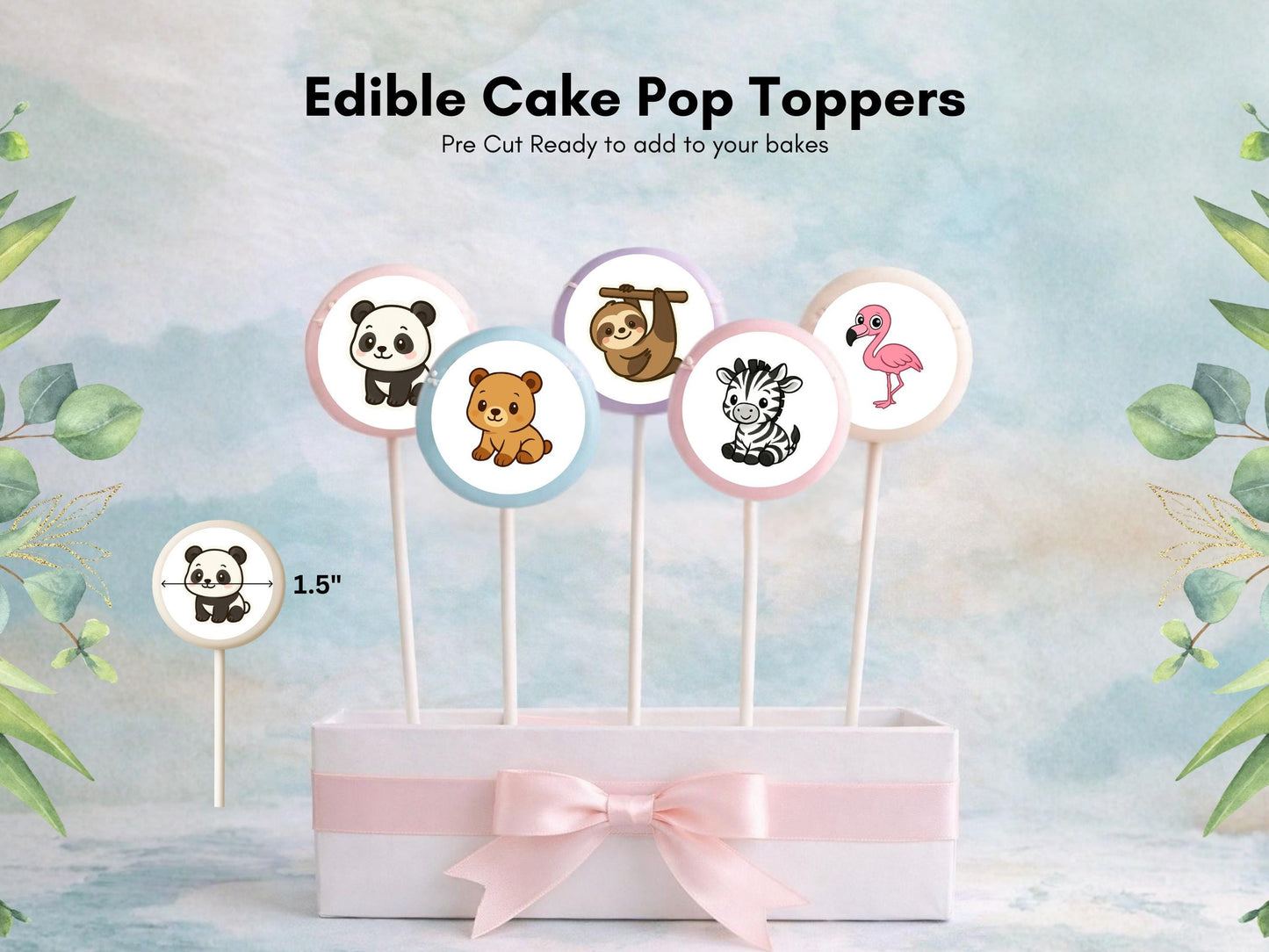 Zoo Animal Edible Cake Pop Toppers: 20 x 1.5" Wafer Paper or Wafer Card