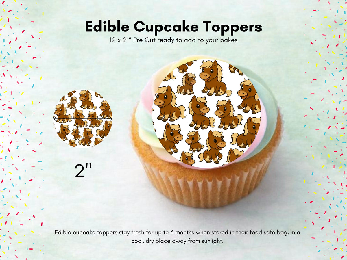 Cute Horse Edible Cupcake Toppers – 12 x 2" Pony Birthday Cake Decorations