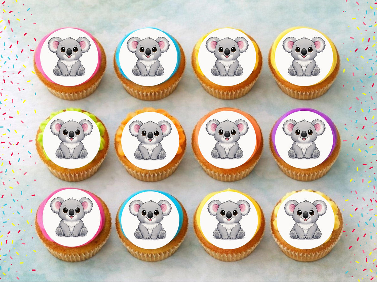 Cute Koala Edible Cupcake Toppers 12 x 2" Precut Wafer Paper, Card or Icing Sheet
