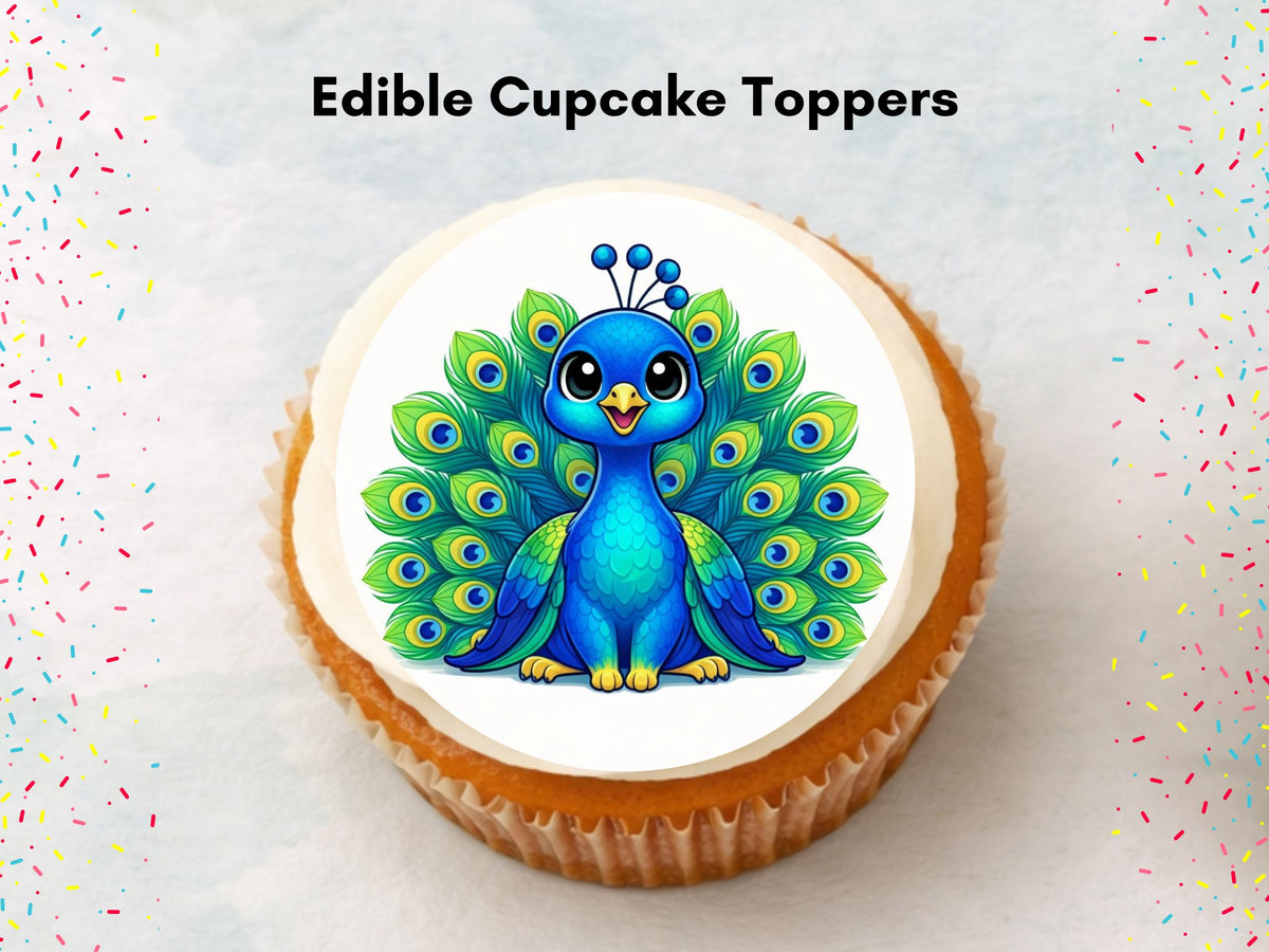 Peacock Edible Cupcake Toppers 12 x 2"– Birthday Cake Decoration