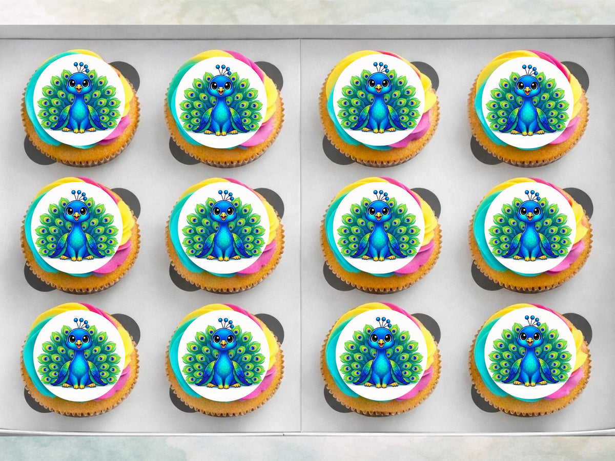 Peacock Edible Cupcake Toppers 12 x 2"– Birthday Cake Decoration