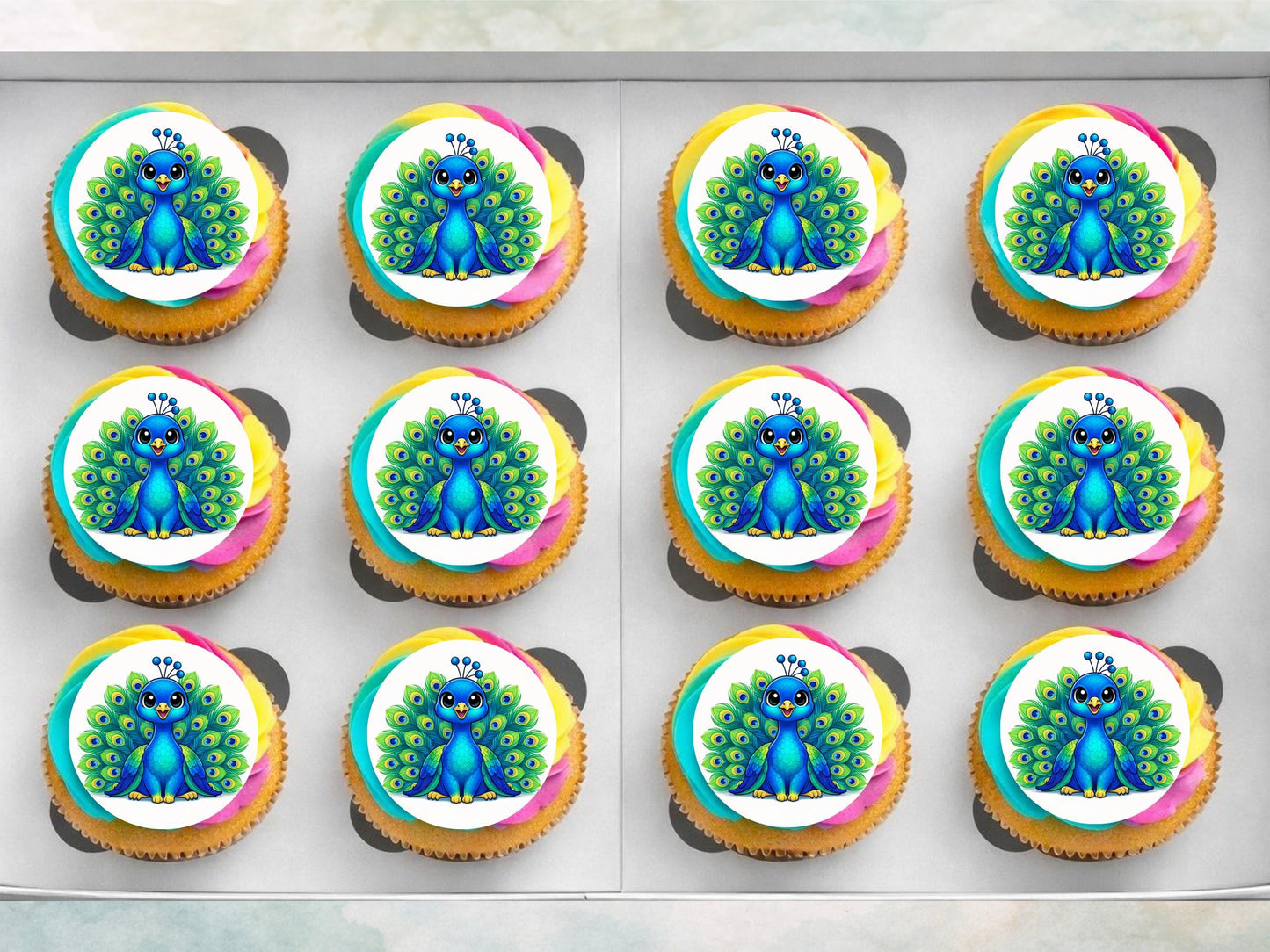 Peacock Edible Cupcake Toppers 12 x 2"– Birthday Cake Decoration