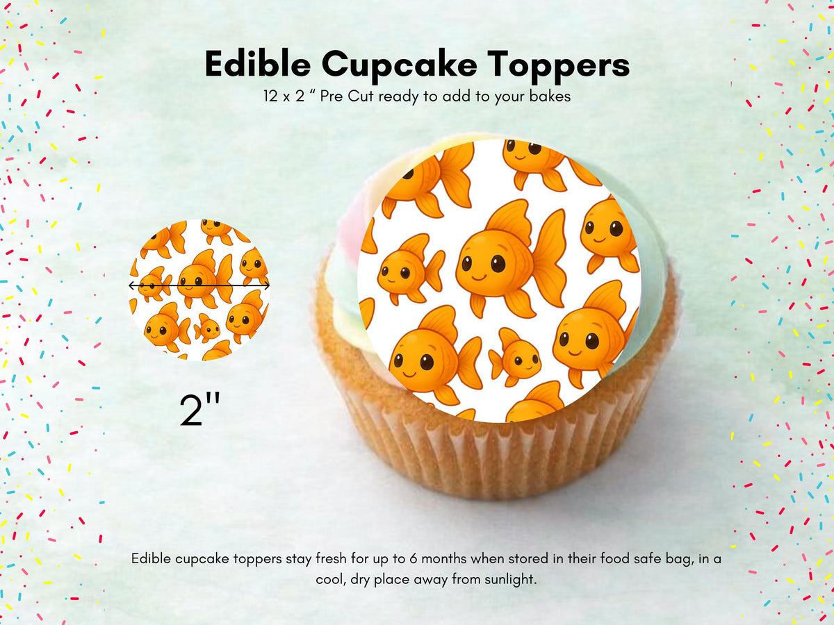 Cute Goldfish Edible Cupcake Toppers 12 x 2" Precut Wafer Paper, Card or Icing Sheet