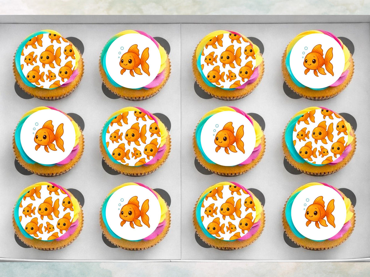 Cute Goldfish Edible Cupcake Toppers 12 x 2" Precut Wafer Paper, Card or Icing Sheet