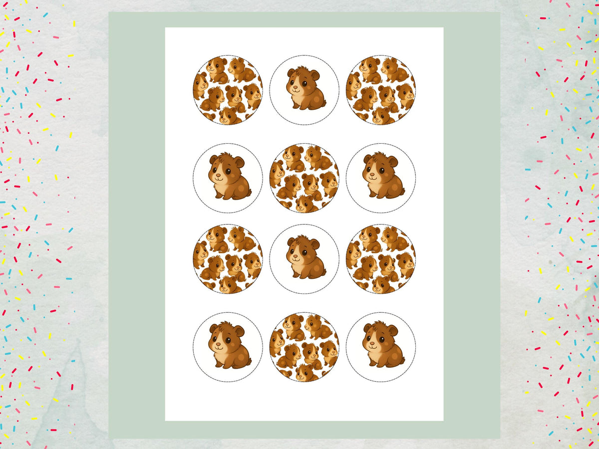 Cute Guinea Pig Edible Cupcake Toppers 12 x 2" Precut Wafer Paper, Card or Icing Sheet