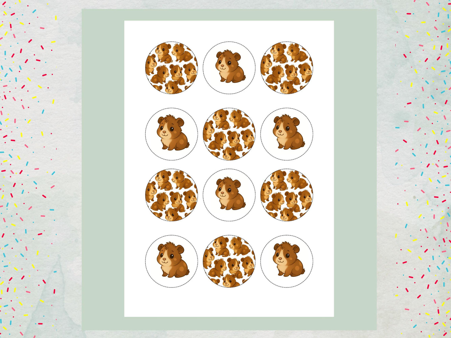 Cute Guinea Pig Edible Cupcake Toppers 12 x 2" Precut Wafer Paper, Card or Icing Sheet