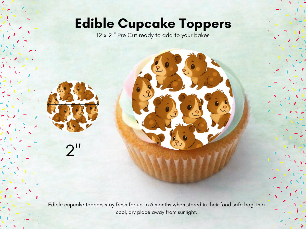Cute Guinea Pig Edible Cupcake Toppers 12 x 2" Precut Wafer Paper, Card or Icing Sheet