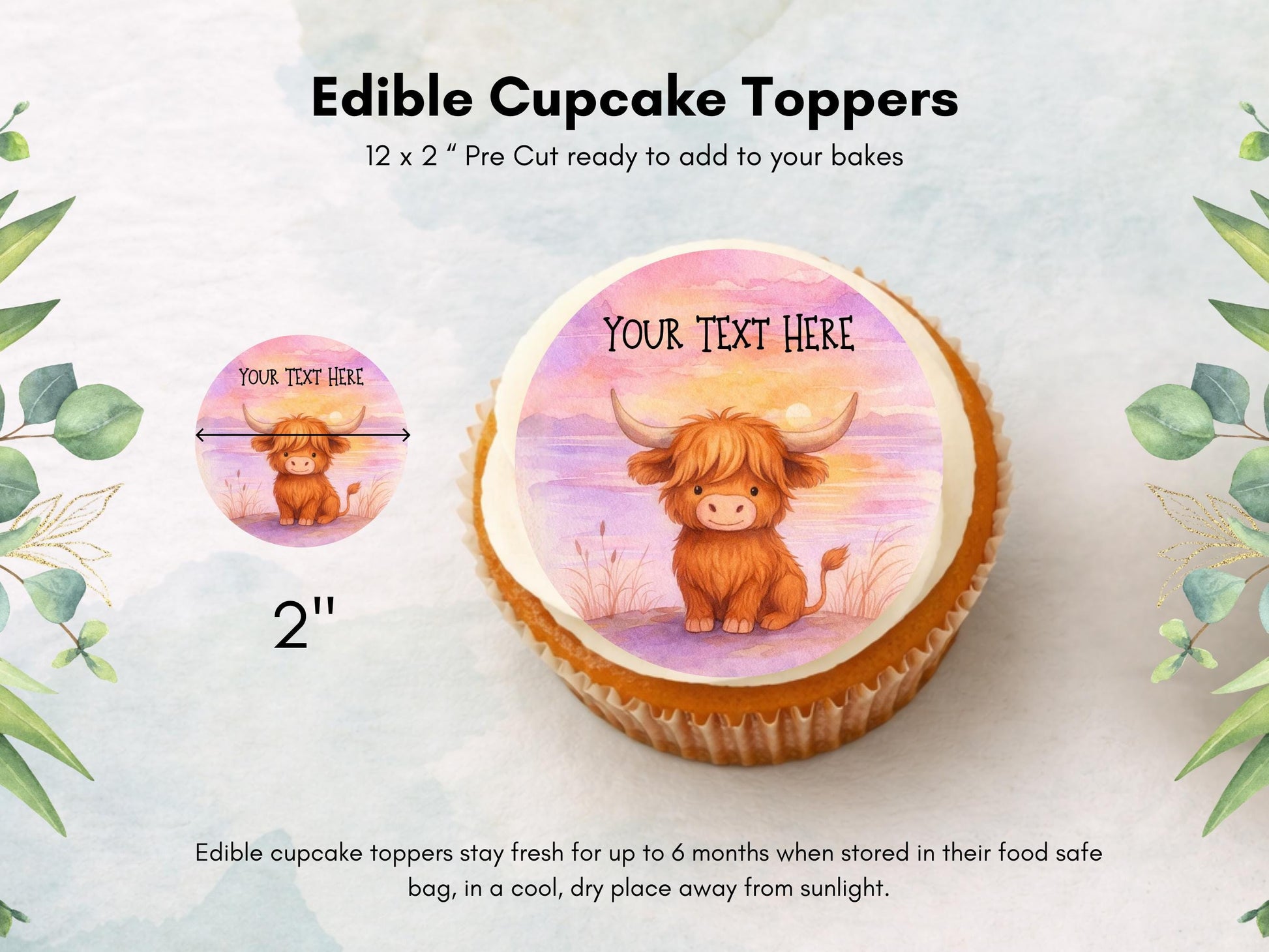 Personalised Highland Cow Cupcake Toppers - Edible Cake Decorations