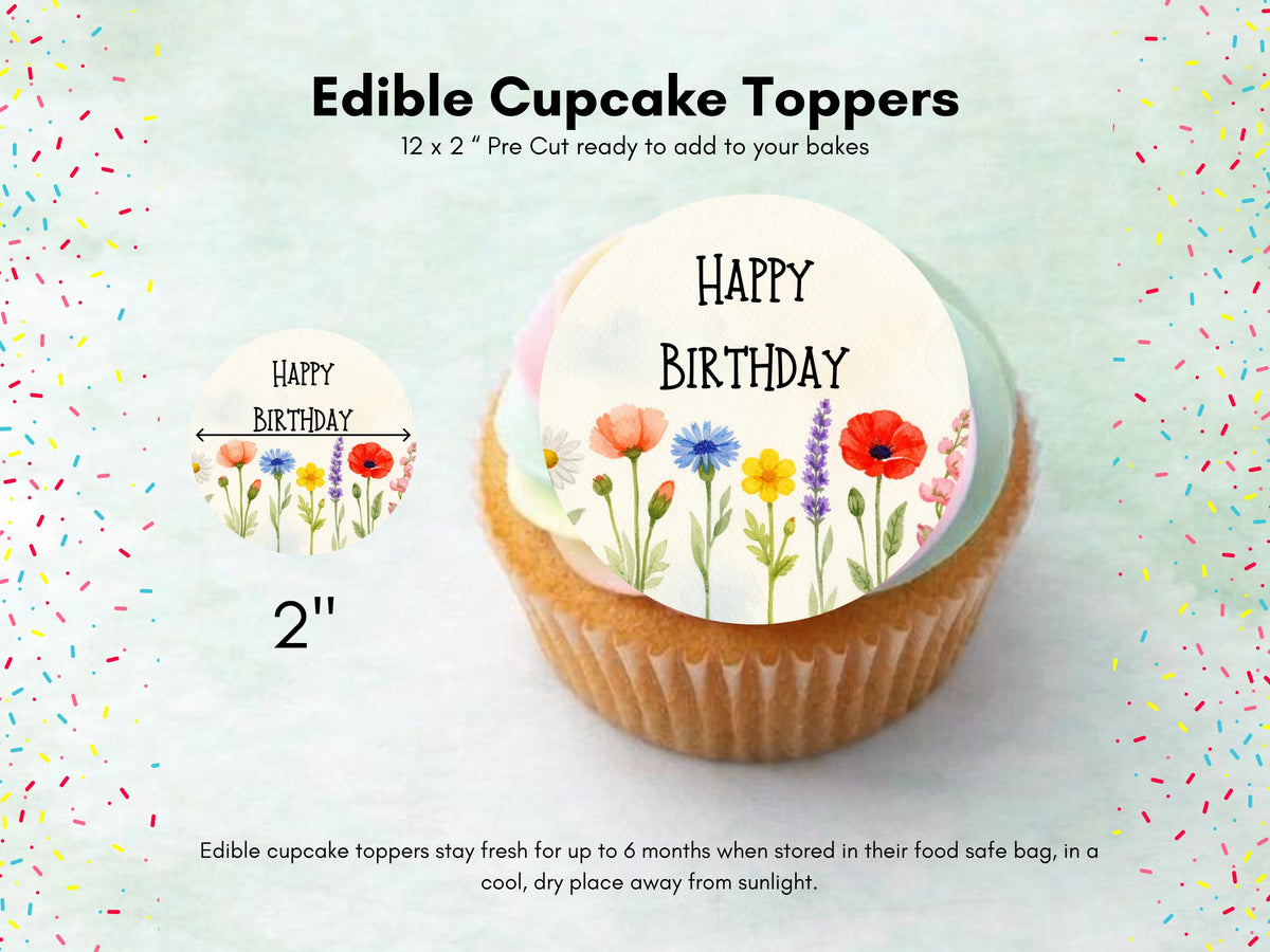 Floral Happy Birthday Edible Cupcake Toppers, Birthday Cake Decorations