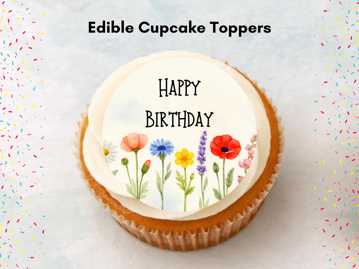 Floral Happy Birthday Edible Cupcake Toppers, Birthday Cake Decorations