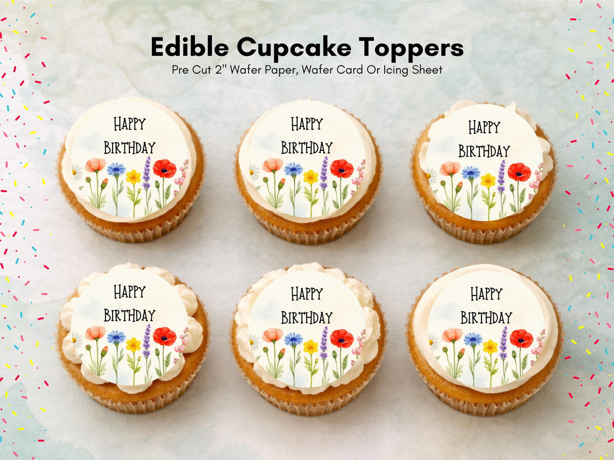 Floral Happy Birthday Edible Cupcake Toppers, Birthday Cake Decorations