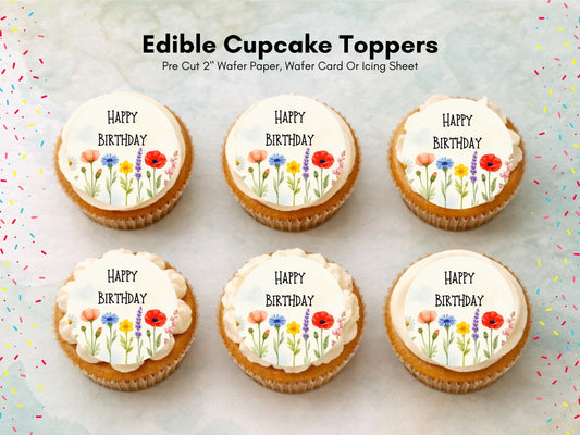 Floral Happy Birthday Edible Cupcake Toppers, Birthday Cake Decorations