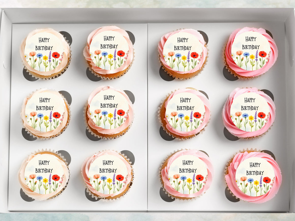 Floral Happy Birthday Edible Cupcake Toppers, Birthday Cake Decorations